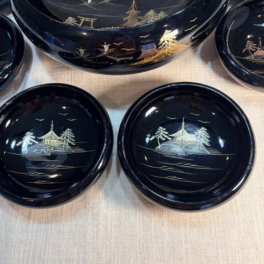 Vintage Japanese Black‎ Lacquerware Bowl Set 7pc Mt Fuji Pagoda Gold Landscape